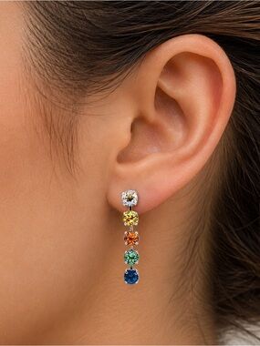 Handmade Swarovski crystal 5-Stone Dangle Earrings | Rainbow Statement  Drop w